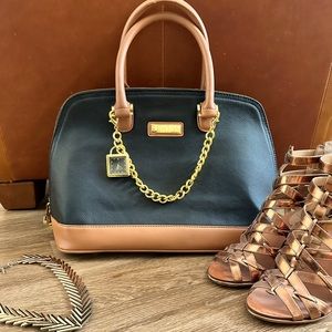 Joy & Iman black and tan leather shoulder tote with watch gold